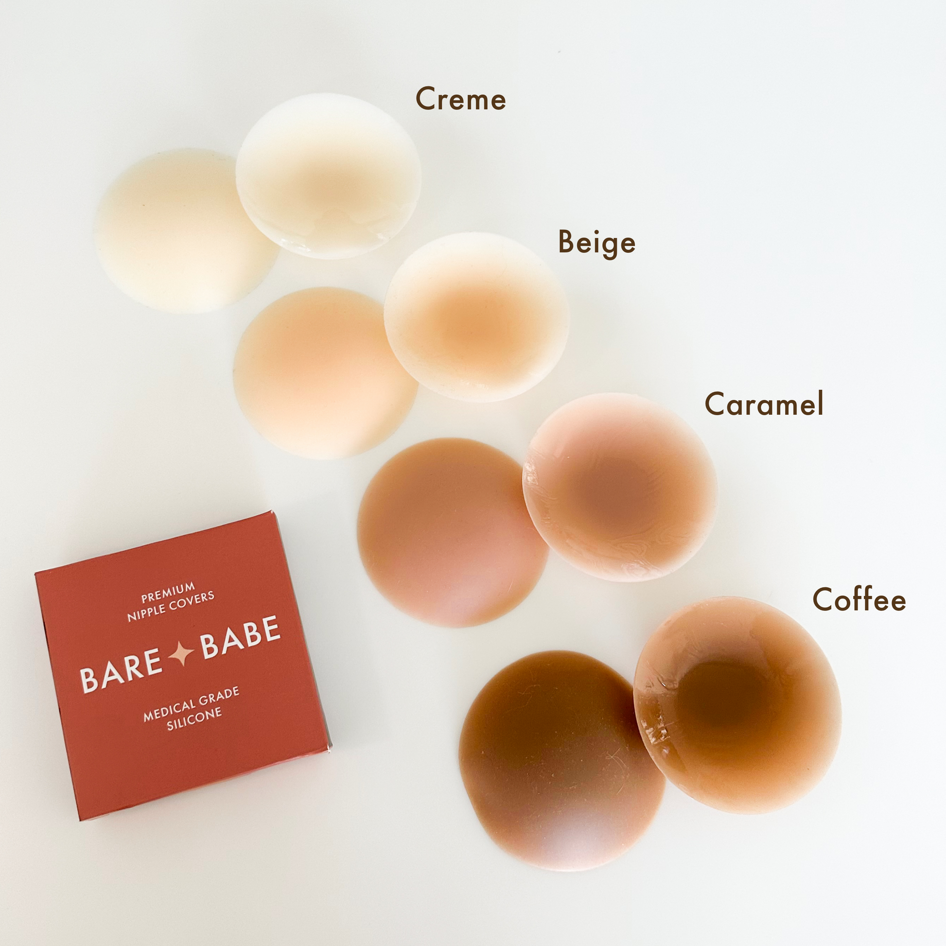 Bare Babe Nipple Covers in 4 Colors: Creme, Beige, Caramel, Coffee