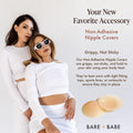 Two models wearing our nipple covers with text talking about how the Non-Adhesive Covers stay on without any glue.