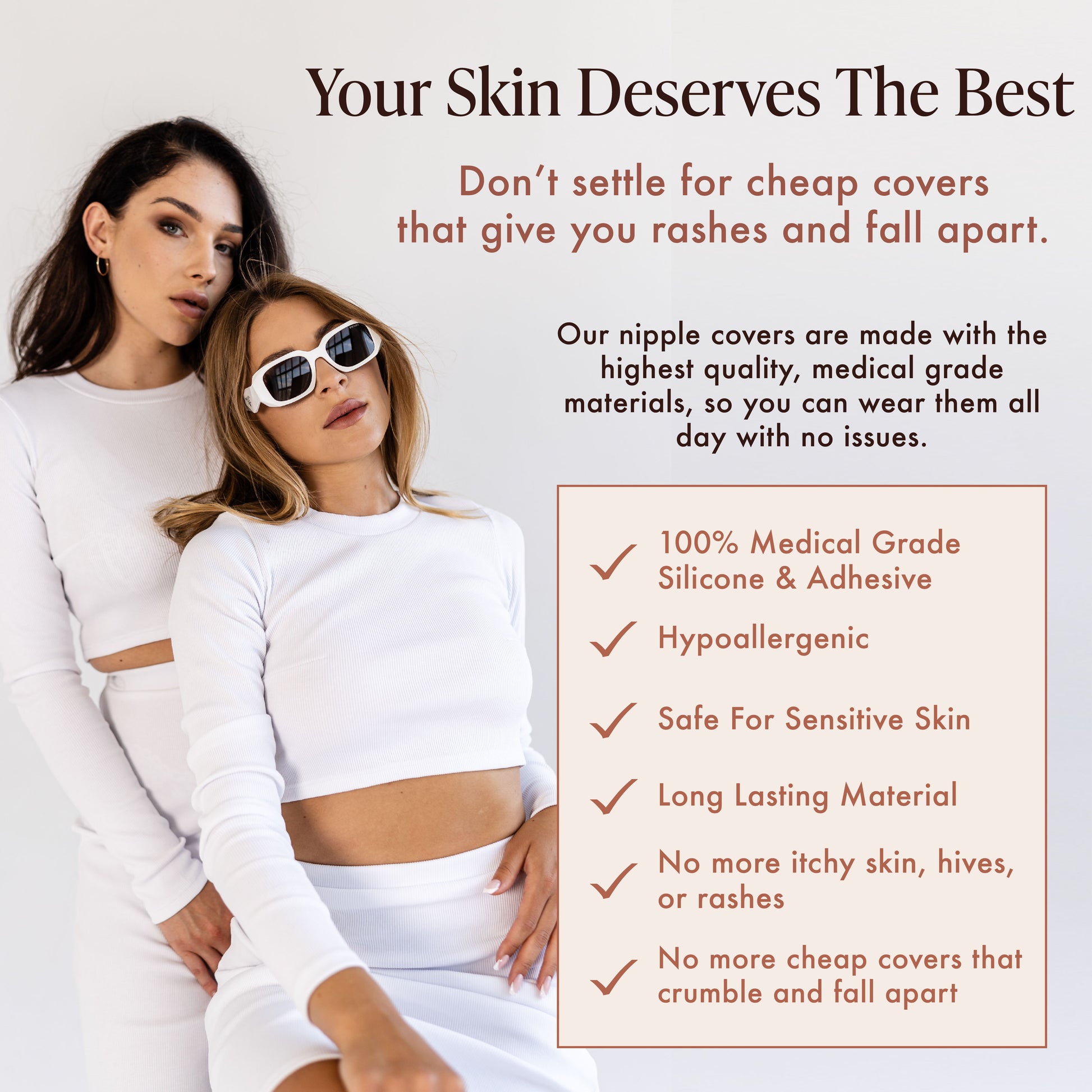 Two models wearing nipple covers and graphic text talking about the product quality